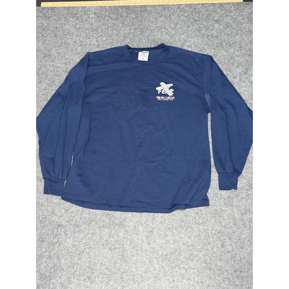 Vintage 1999 No Fear‎ Jerzees Long Sleeve Shirt XL Navy Blue Religious Fall Camp